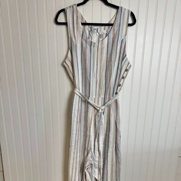 Cupio Striped Linen Blend Wide Leg Jumpsuit Tie Belt L43 - Picture 2 of 8